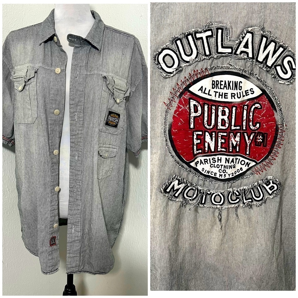 Parish Nation Mens Sz 2X Button Up, Outlaw Motoclub On Back Pinstripe Shirt